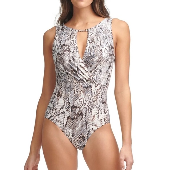 Calvin Klein DARK CHOCOLATE RATTLESNAKE Tummy Control One-Piece Swimsuit - Picture 1 of 16